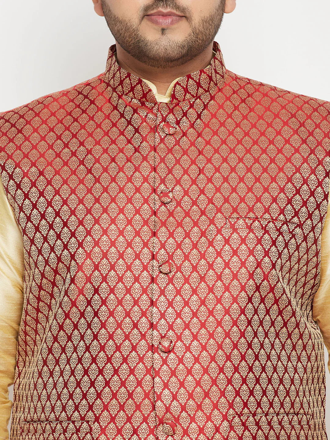 Men's Plus Size Maroon Woven Nehru Jacket - Image 4