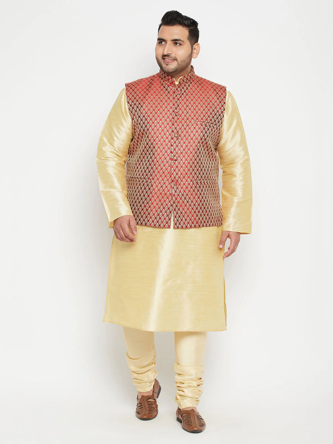 Men's Plus Size Maroon Woven Nehru Jacket - Image 5