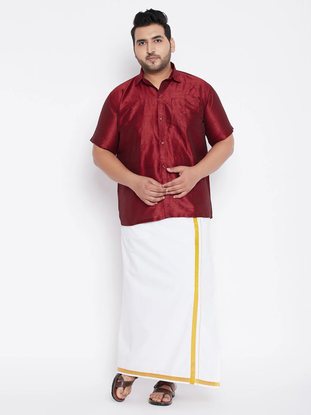 Men's Plus Size Maroon Silk Blend Ethnic Shirt - Image 5