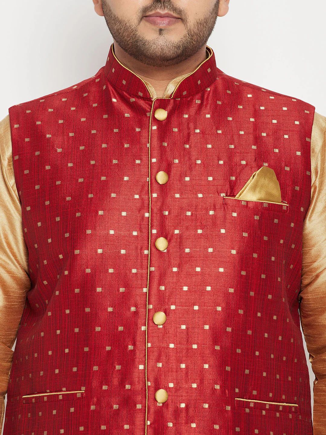 Men's Plus Size Maroon Zari Weaved Nehru Jacket With Kurta Pyjama Set - Image 4