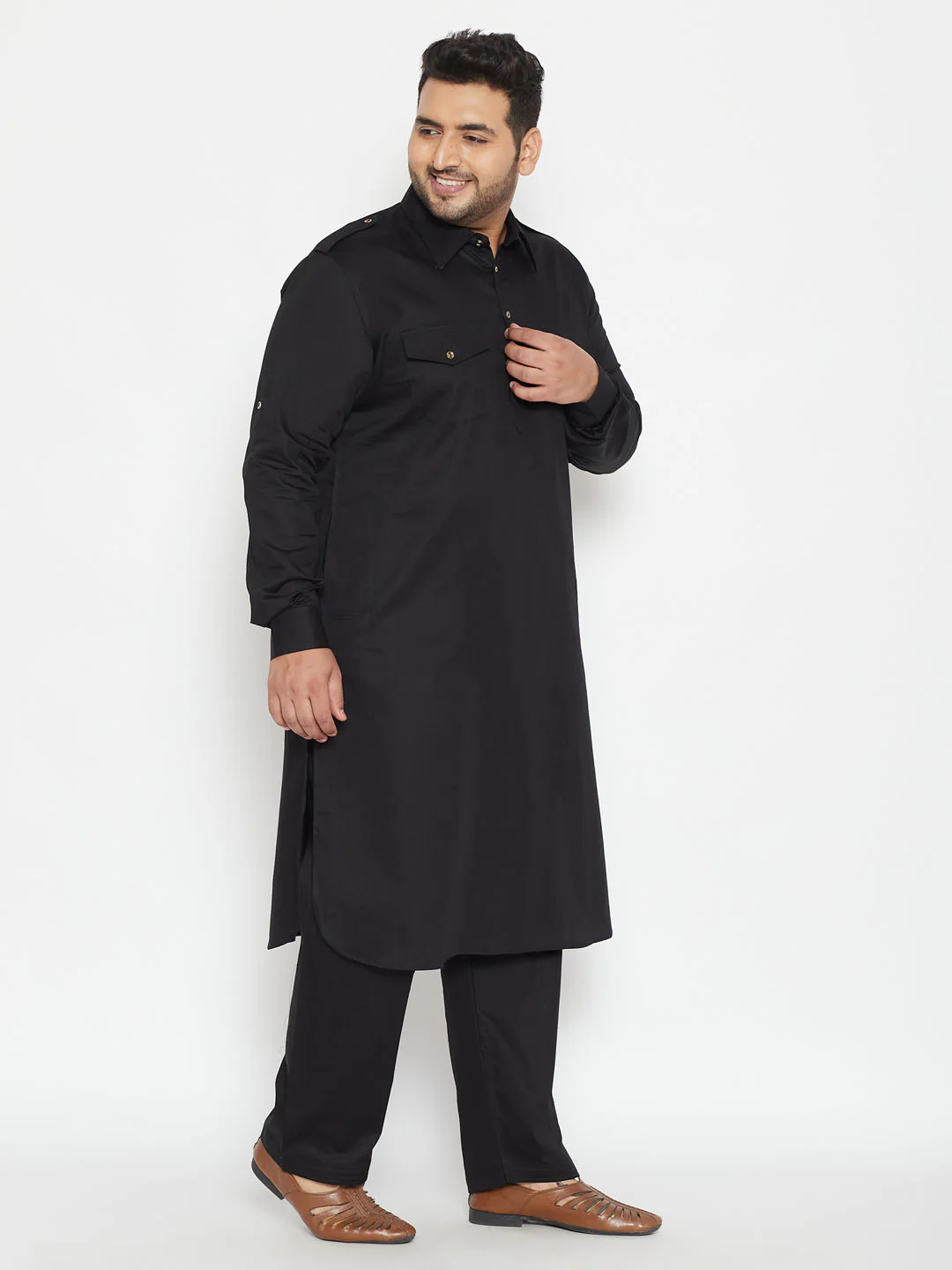 Men's Plus Size Black Cotton Blend Pathani Set - Image 3