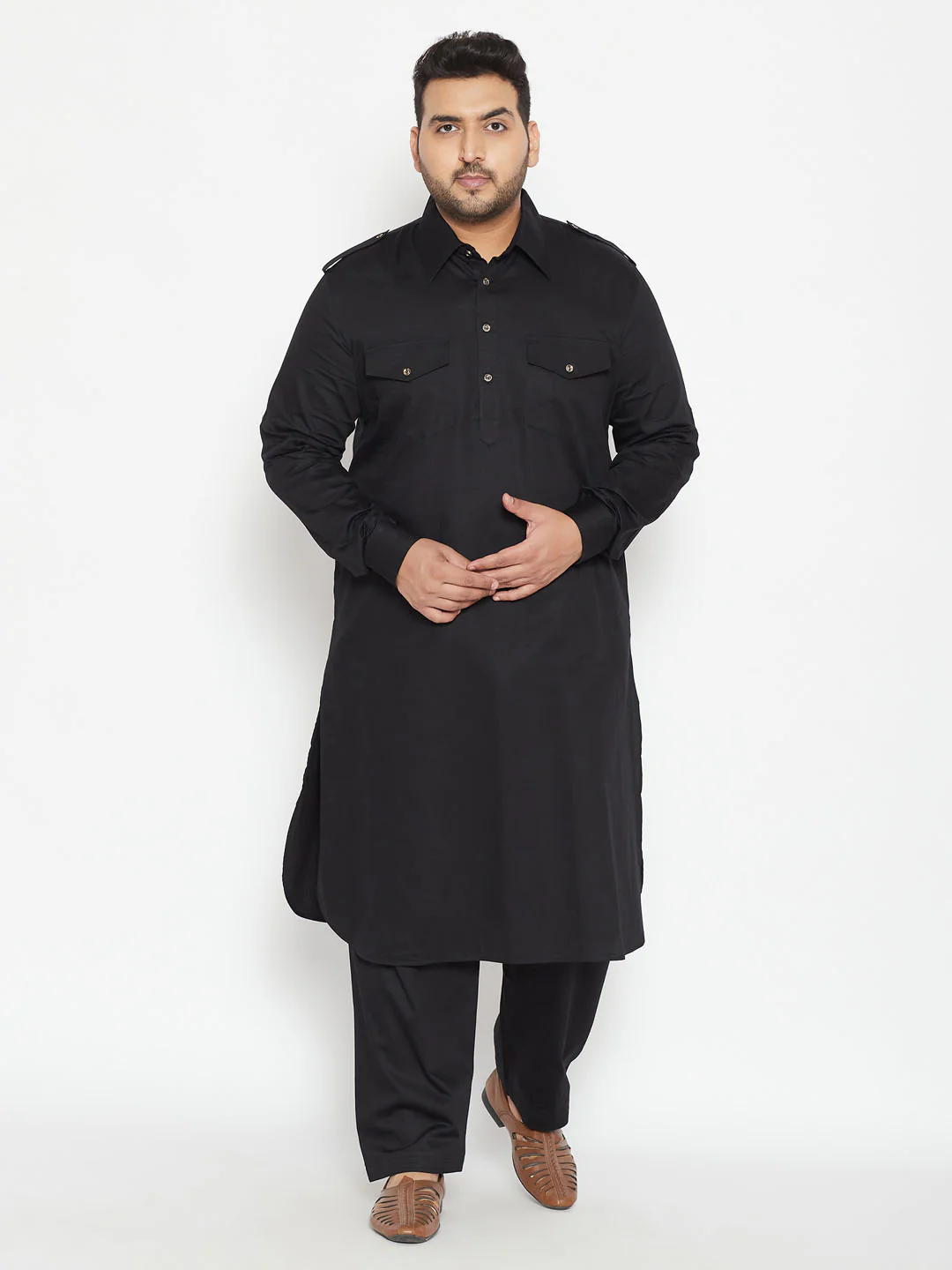 Men's Plus Size Black Cotton Blend Pathani Set - Image 6
