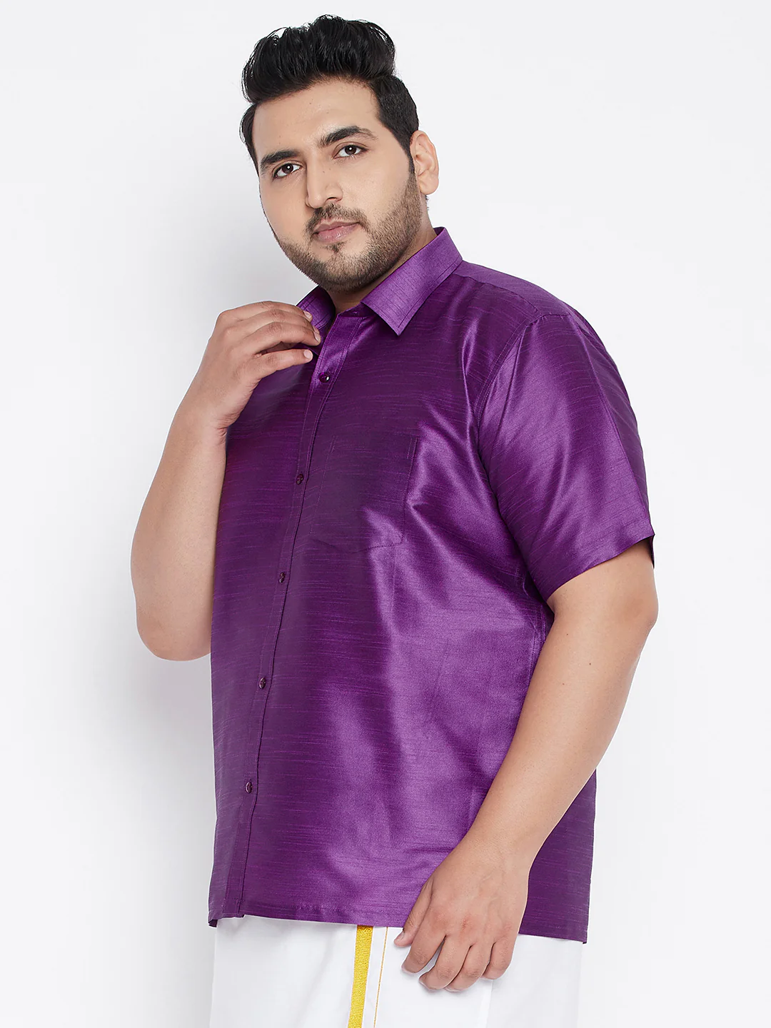 Men's Plus Size Purple Silk Blend Ethnic Shirt - Image 2