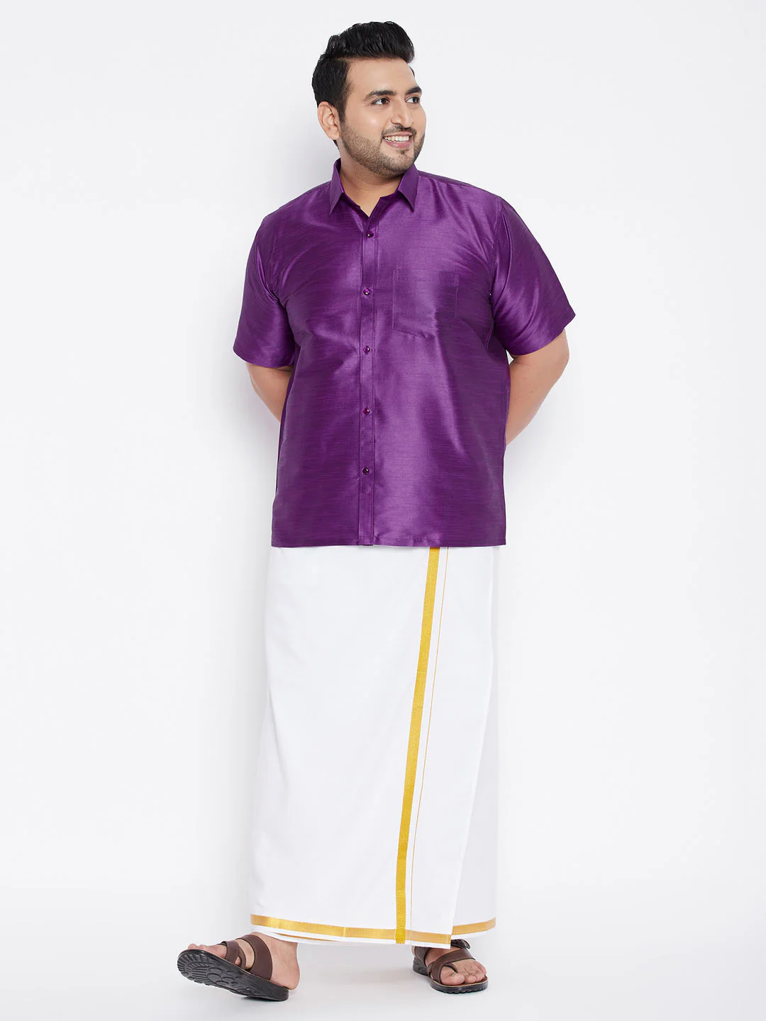 Men's Plus Size Purple Silk Blend Ethnic Shirt - Image 5