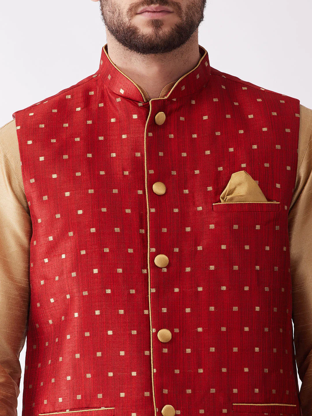 Men's Maroon Zari Weaved Jacket With Kurta Dhoti Set - Image 4