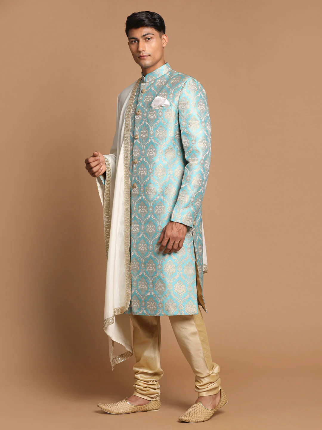 Men's Sea Green And Gold Brocade Jacquard Sherwani Set With Cream Dupatta - Image 3