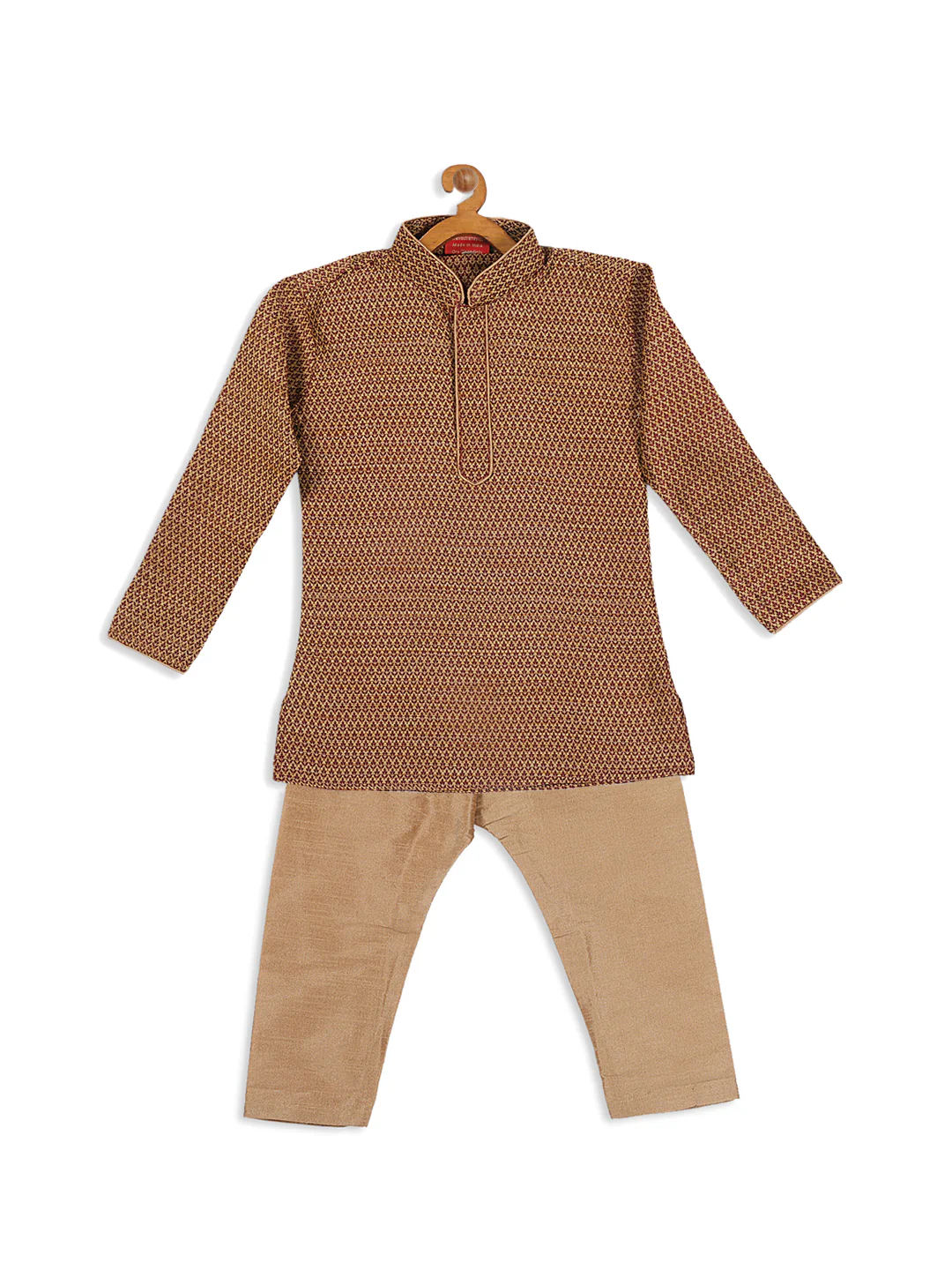 Sishu Boy's Maroon Woven Design Kurta With Rose Gold Pyjama Set - Image 3