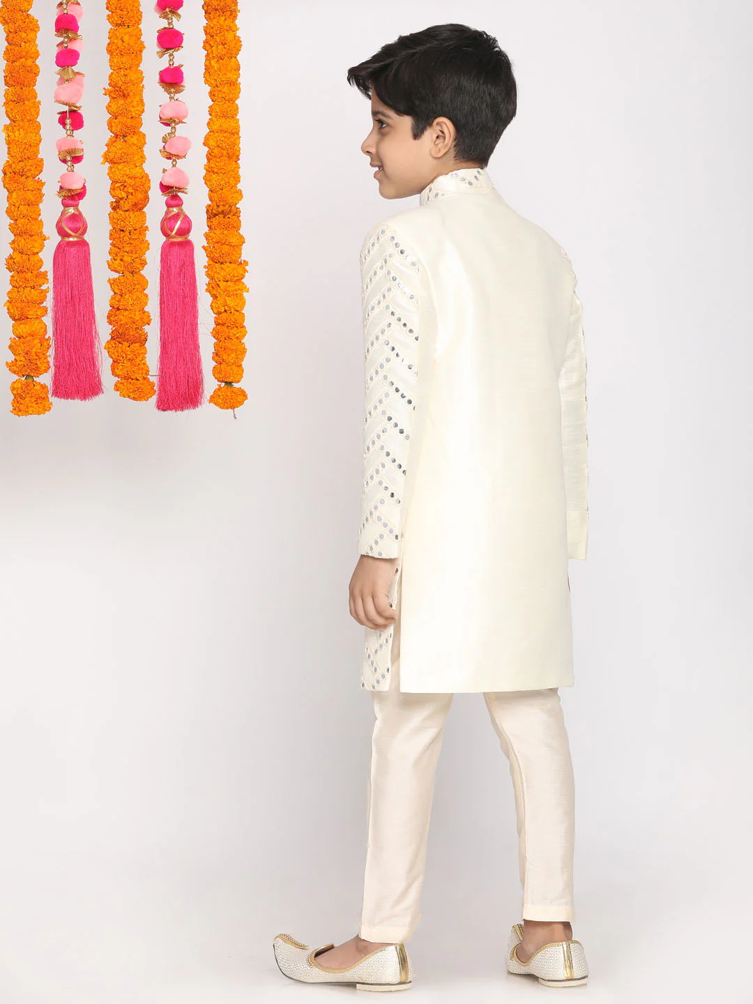 Boy's Cream-Colored Mirror Work Embellished Slim Fit Sherwani Set - Image 3