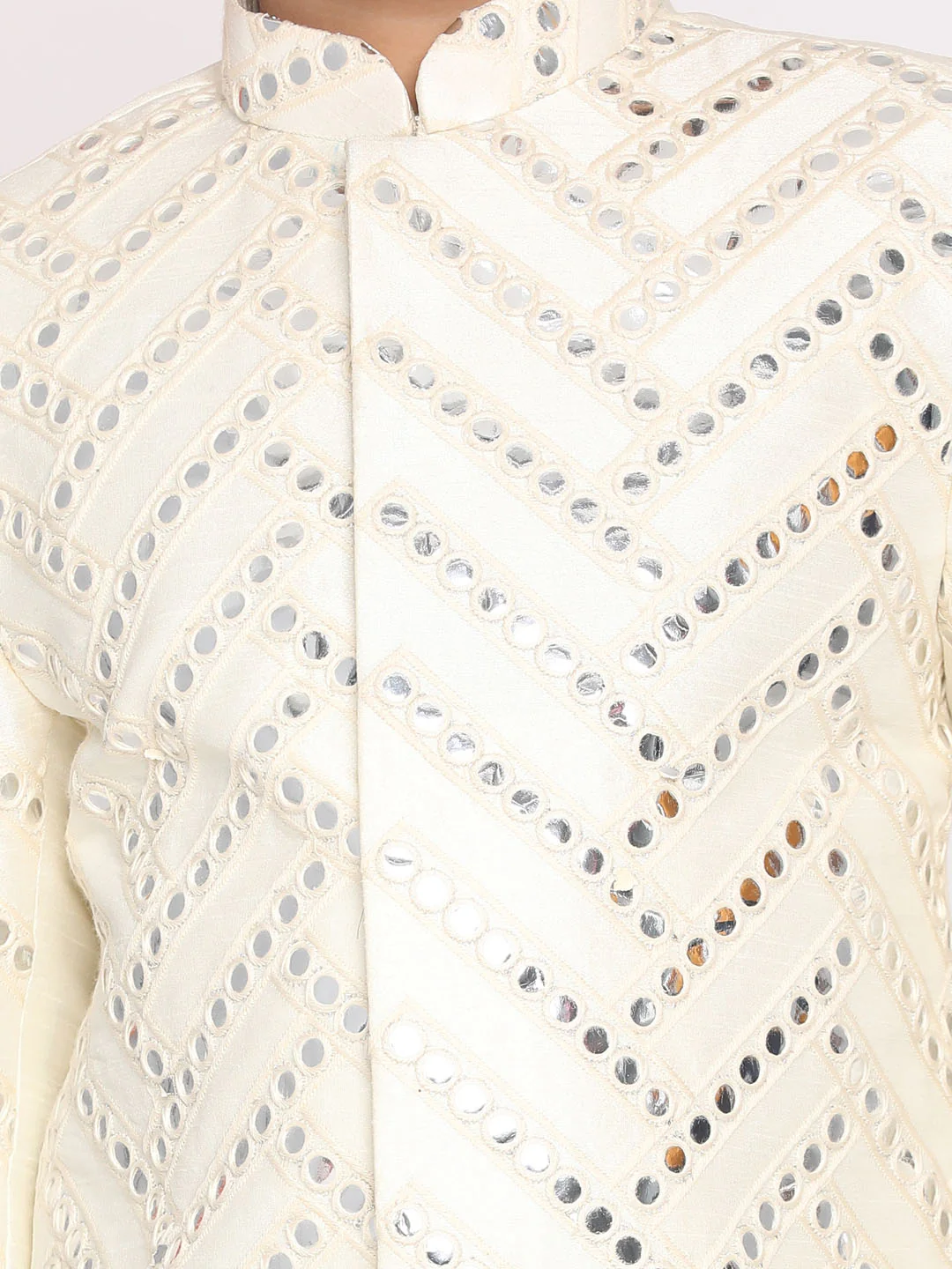 Boy's Cream-Colored Mirror Work Embellished Slim Fit Sherwani Set - Image 4