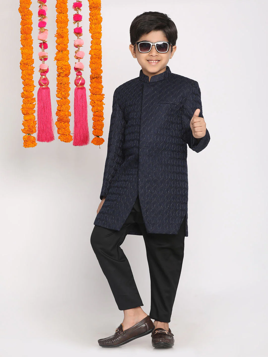 Boy's Navy Blue Embellished Slim-Fit Sherwani Set - Image 6