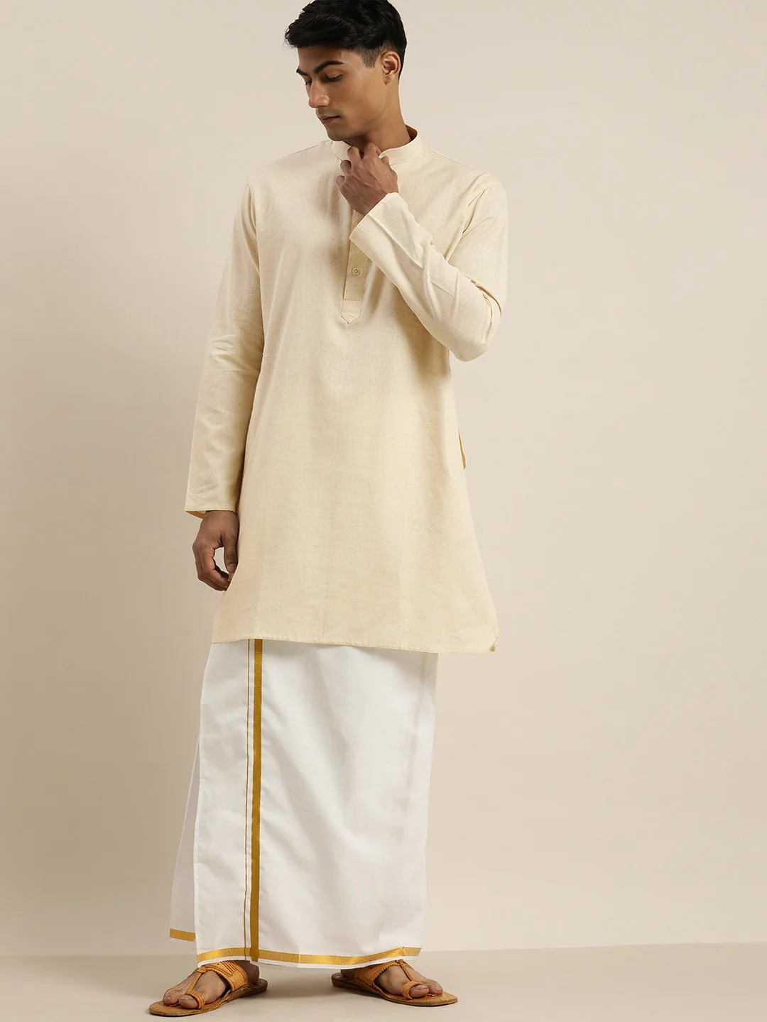 Men Cream Pure Cotton Kurta With Mundu - Image 2