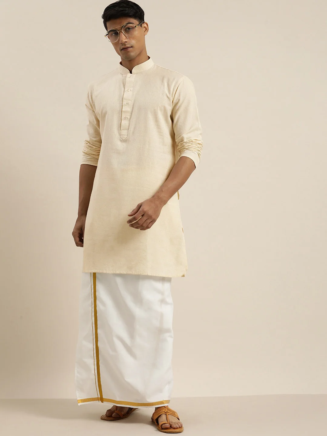 Men Cream Pure Cotton Kurta With Mundu - Image 7