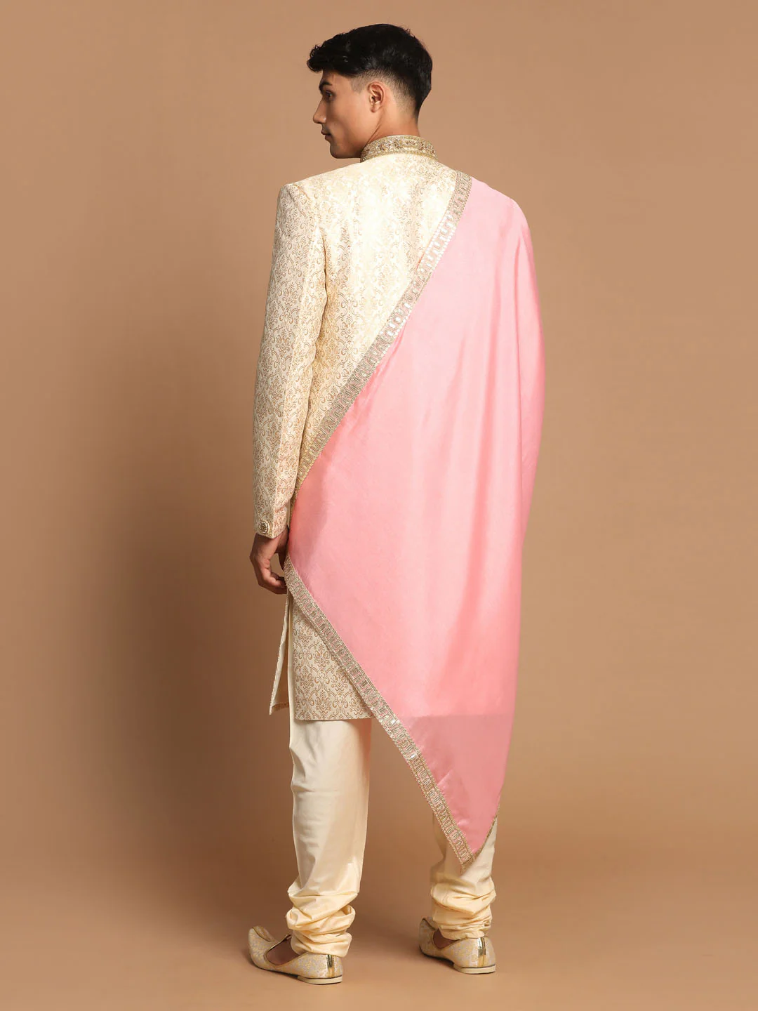 Men's Beige And Gold Embroidered Brocade Sherwani Set With Pink Dupatta - Image 3