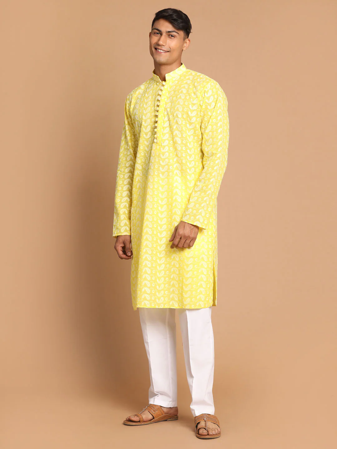 Men's Mustard Pure Cotton Chikankari Kurta With Pant Set - Image 2