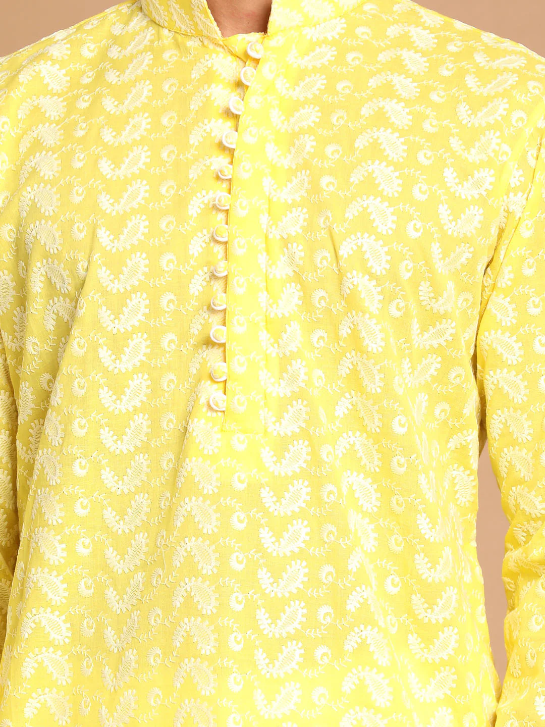 Men's Mustard Pure Cotton Chikankari Kurta With Patiala Set - Image 4