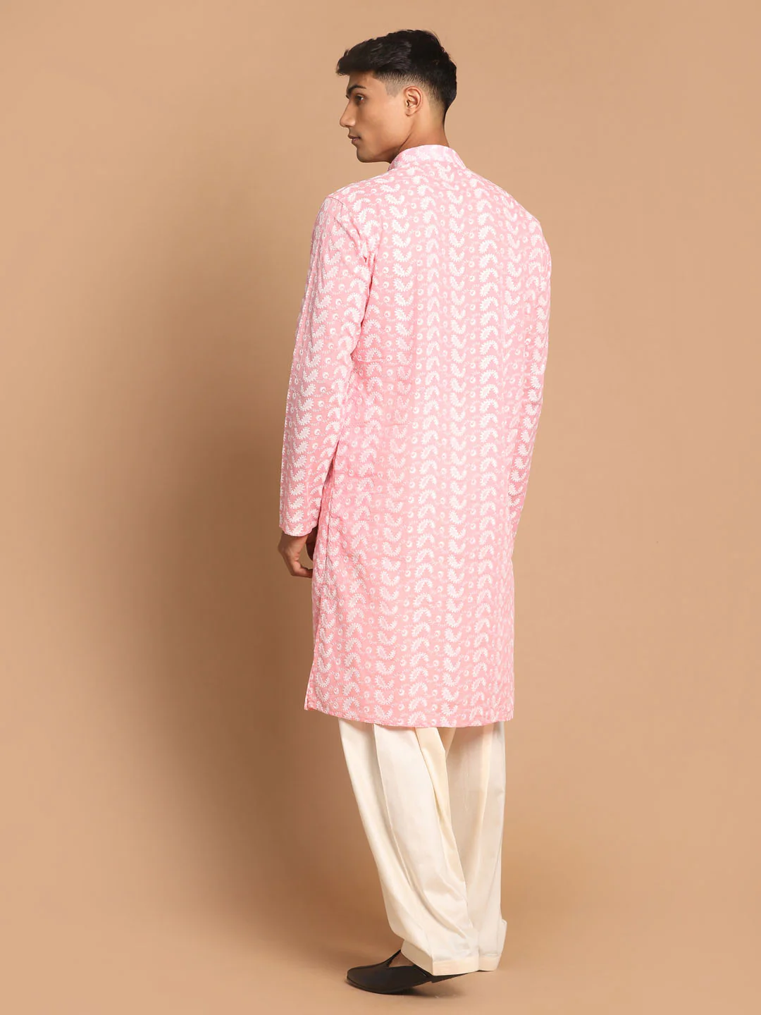 Men's Pink Pure Cotton Chikankari Kurta With Patiala Set - Image 3