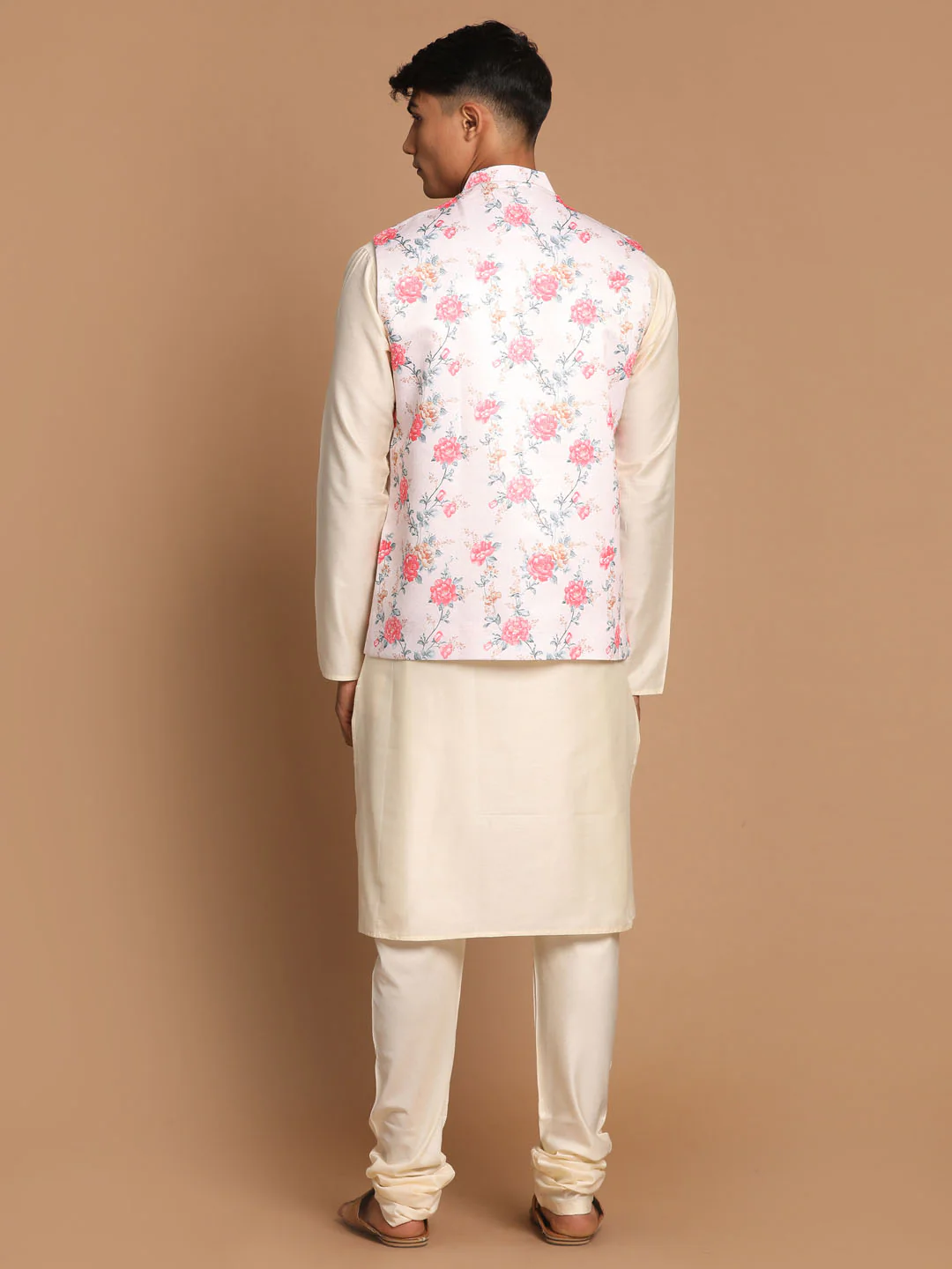 Men's Peach Digital Printed Royal Angrakha Nehru Jacket With Cream Kurta Pyjama Set - Image 3