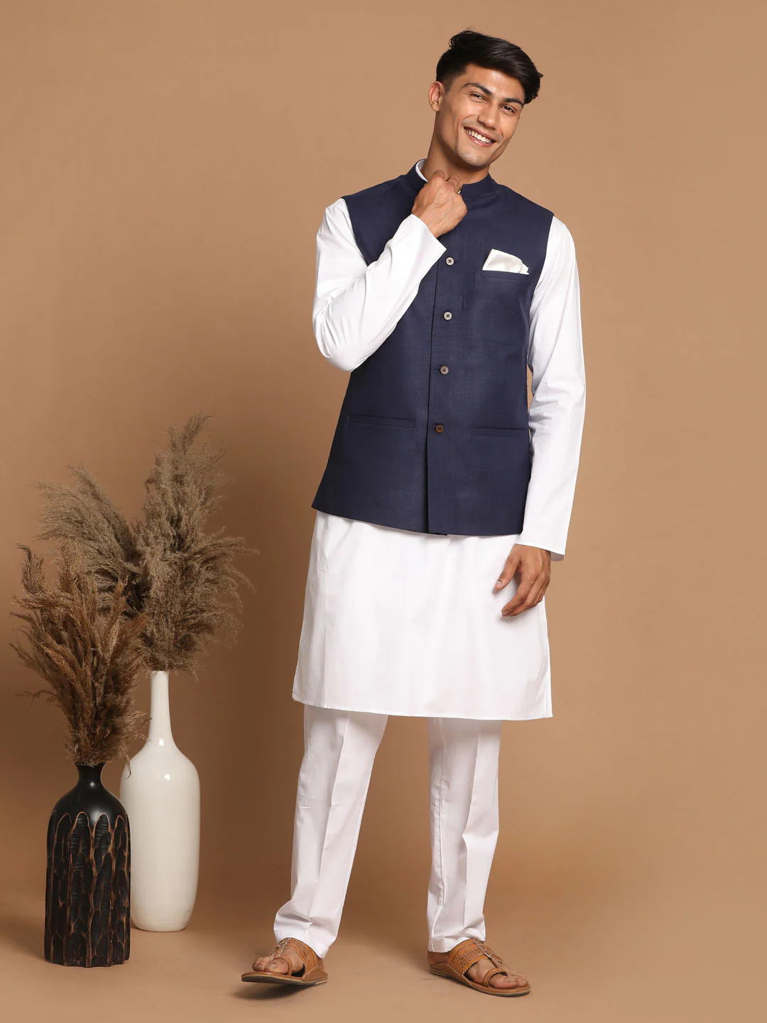 Men's Navy Blue Cotton Nehru Jacket  With White Kurta And Pant - Image 6