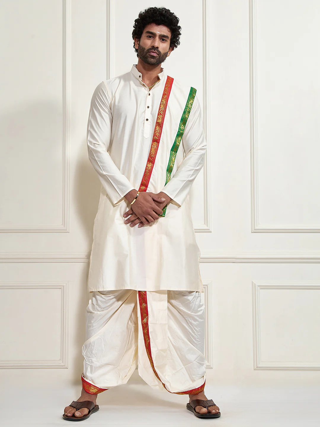 Men's Cream Cotton Blend Kurta Dhoti And Dupatta Set - Image 6