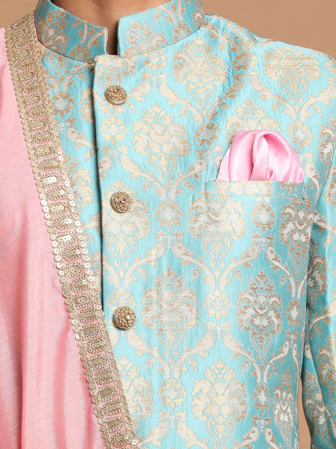Men's Sea Green And Gold Brocade Jacquard Sherwani Set With Pink Dupatta - Image 5