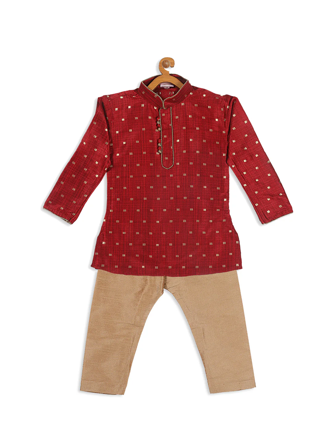 Sishu Boy's Maroon Woven Design Kurta With Rose Gold Pyjama Set - Image 3