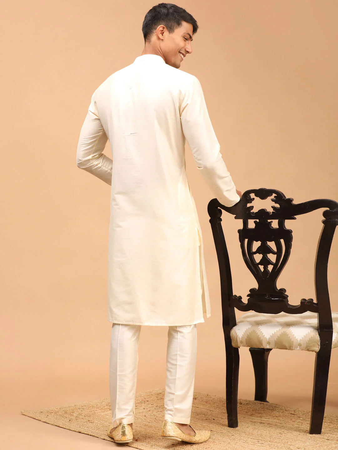 Men's Cream Viscose Rayon Kurta With Pant Style Pyjama Set - Image 3