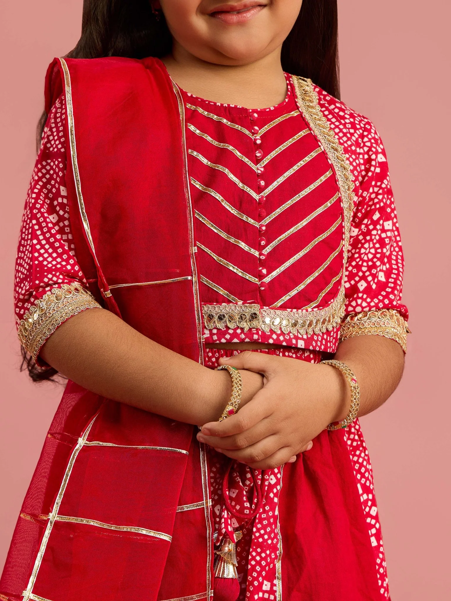 Girls Ethnic Cotton Cambric Red Bandhani Printed Lehenga Choli Set with Organza Dupatta - Image 2