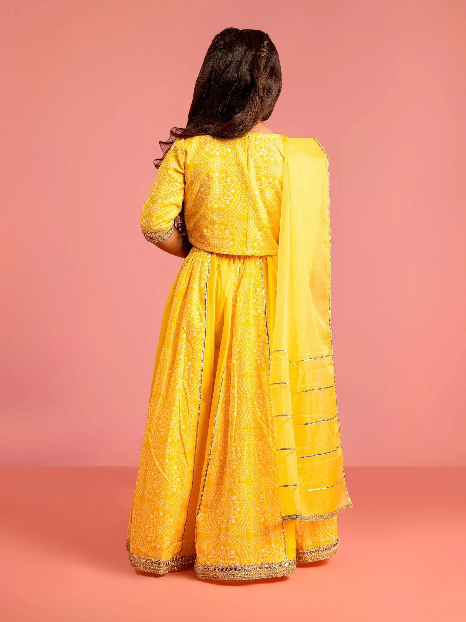 Girls Ethnic Cotton Cambric Yellow Bandhani Printed Lehenga Choli Set with Organza Dupatta - Image 5