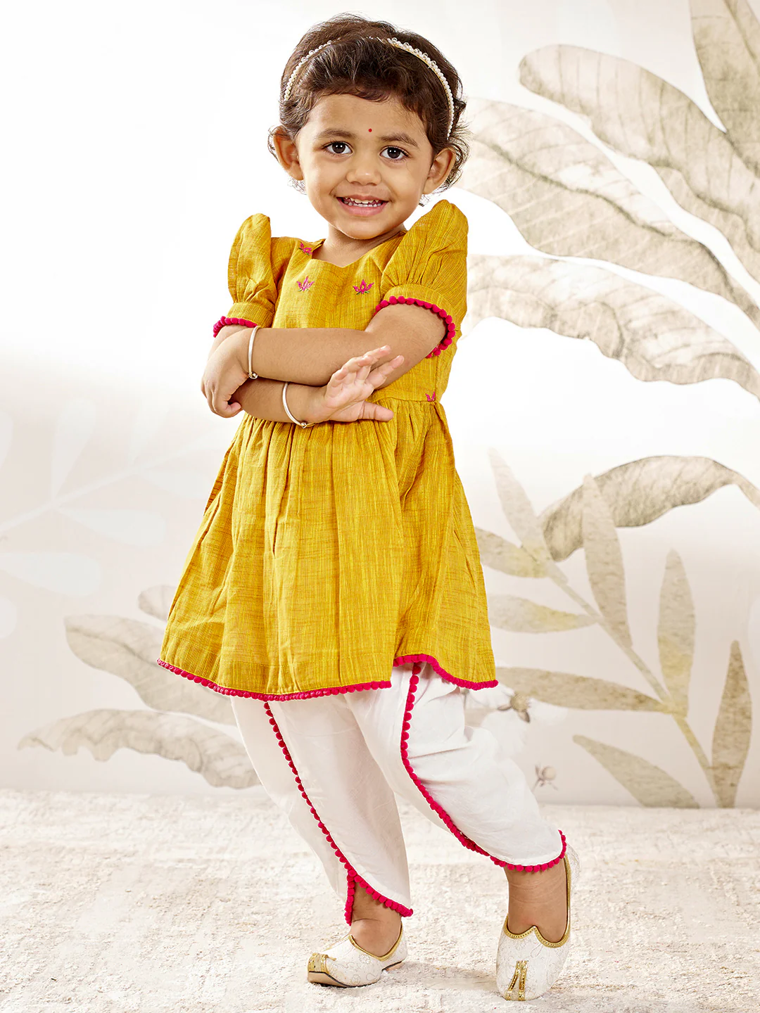 Girl's Mustard Pink Floral Kurta Dhoti Set - Image 3