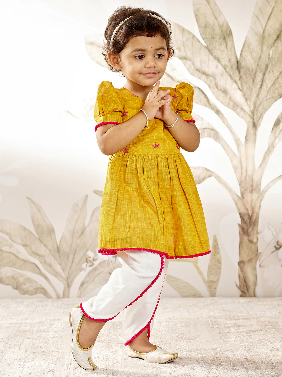 Girl's Mustard Pink Floral Kurta Dhoti Set - Image 4
