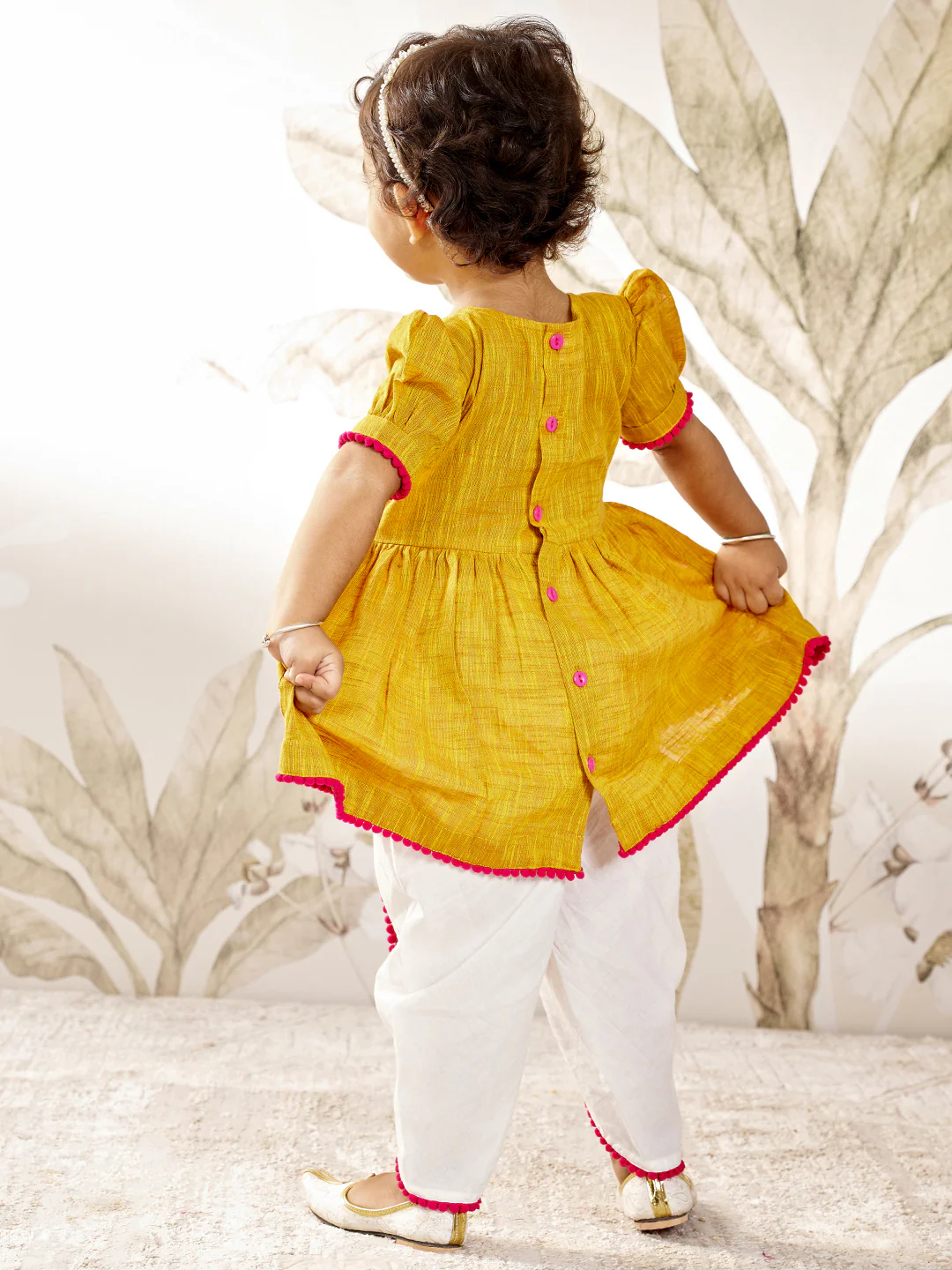 Girl's Mustard Pink Floral Kurta Dhoti Set - Image 5