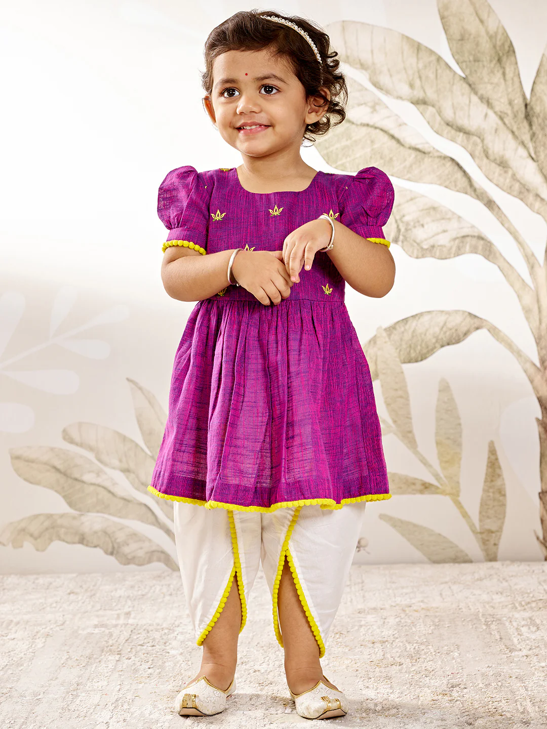 Girl's Purple Yellow Floral Kurta Dhoti Set - Image 3