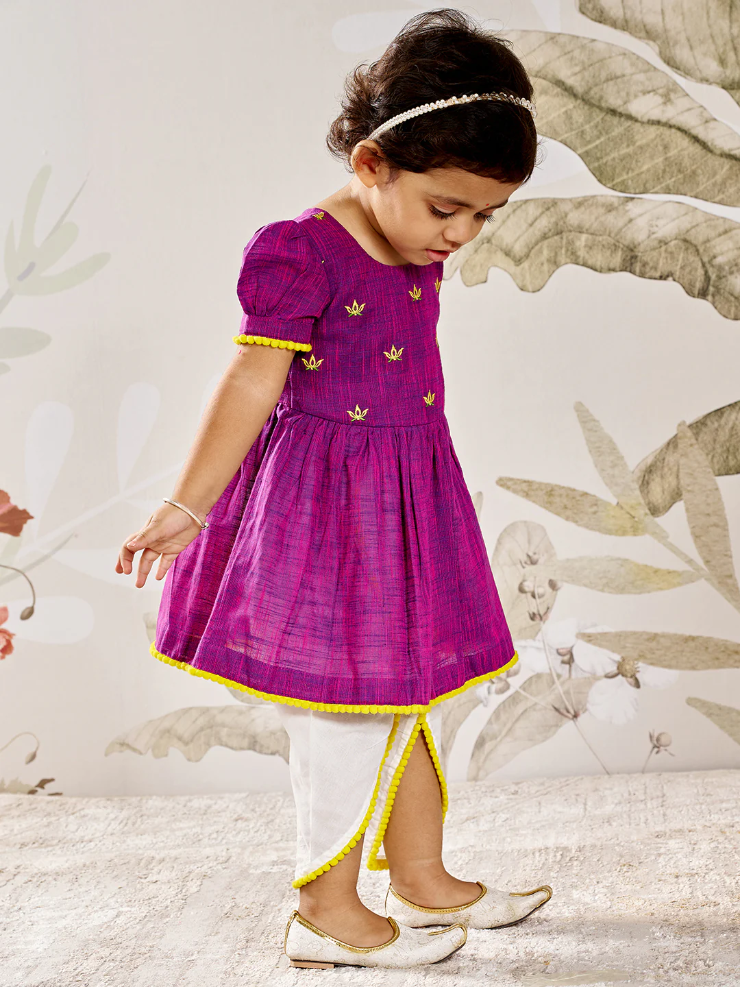Girl's Purple Yellow Floral Kurta Dhoti Set - Image 4