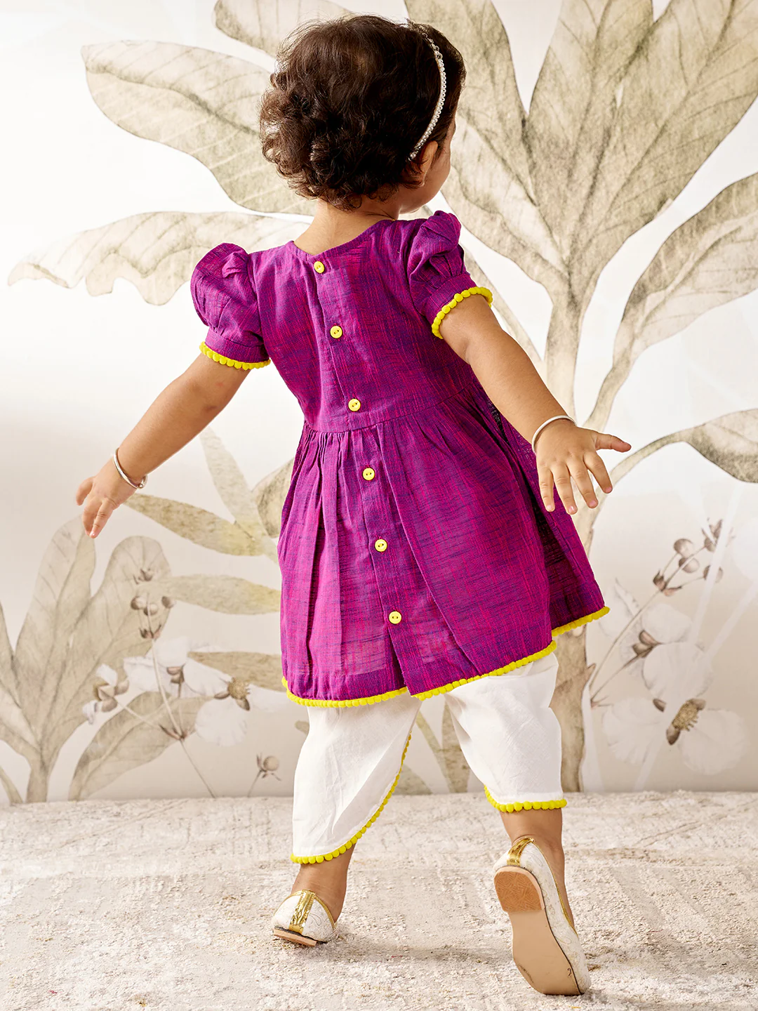 Girl's Purple Yellow Floral Kurta Dhoti Set - Image 5