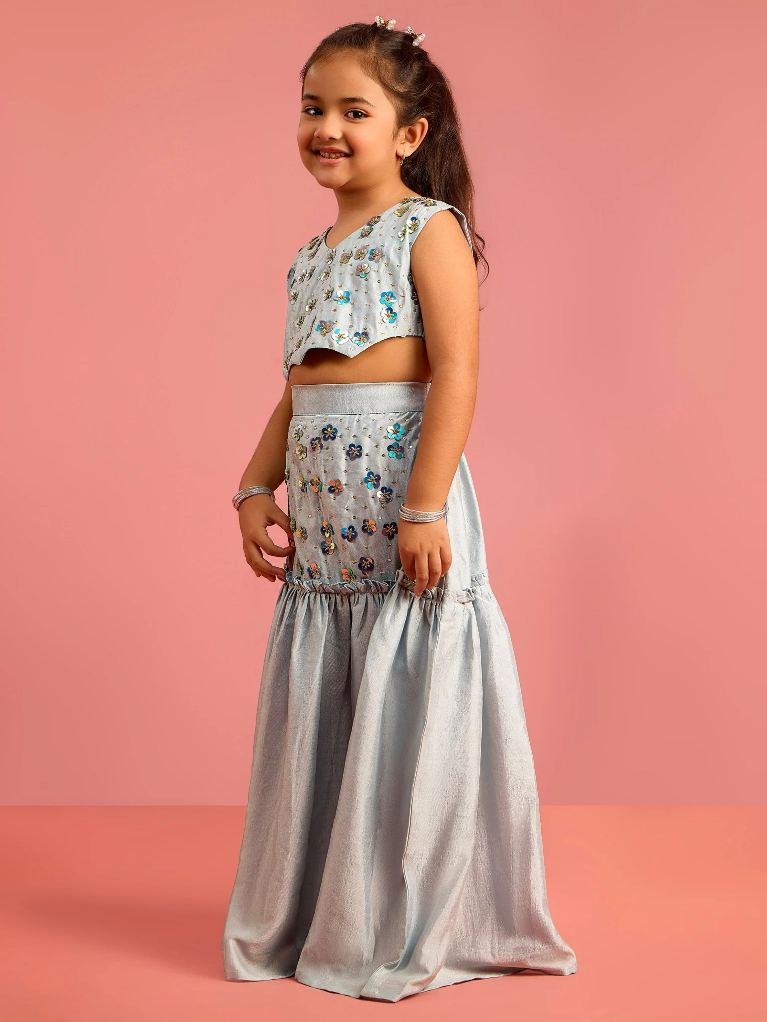 Girls Silk Blend Embroidered Lehenga Choli Set with Dupatta - Image 3