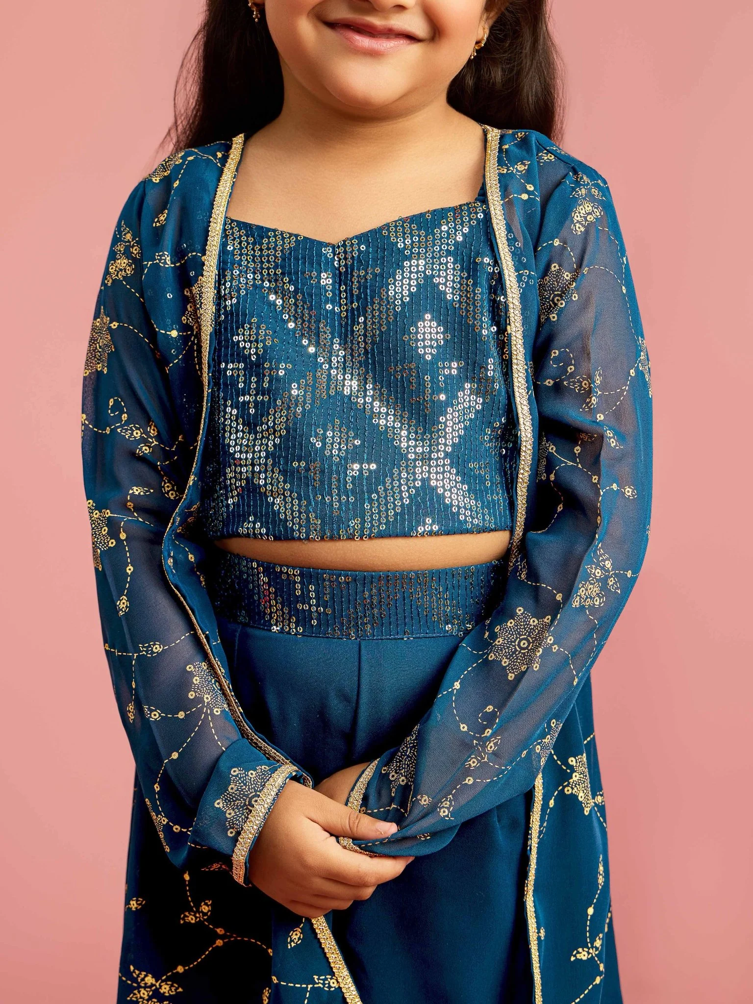 Girls Turquoise Georgette Sleeveless Cropped Sequin Yoke Top with Elasticated Palazzo Ethnic Clothing Set - Image 2