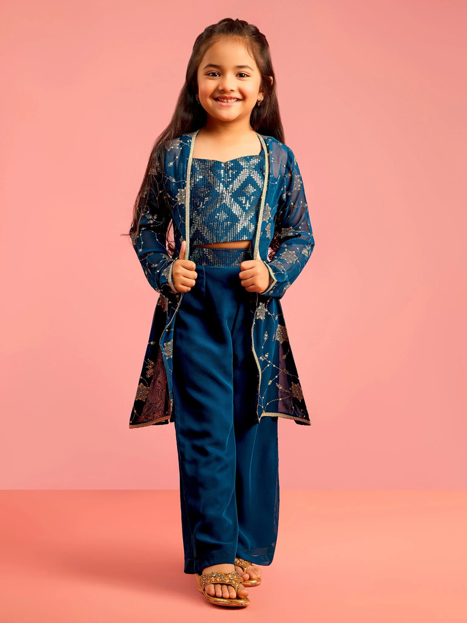 Girls Turquoise Georgette Sleeveless Cropped Sequin Yoke Top with Elasticated Palazzo Ethnic Clothing Set - Image 3