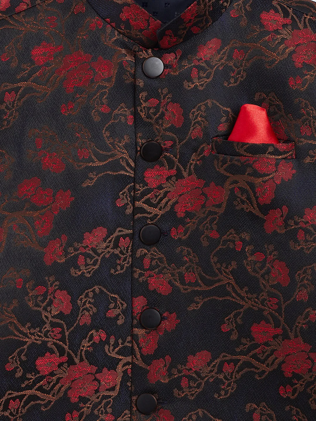 Boy's Maroon And Black Jacquard Nehru Jacket - Image 3