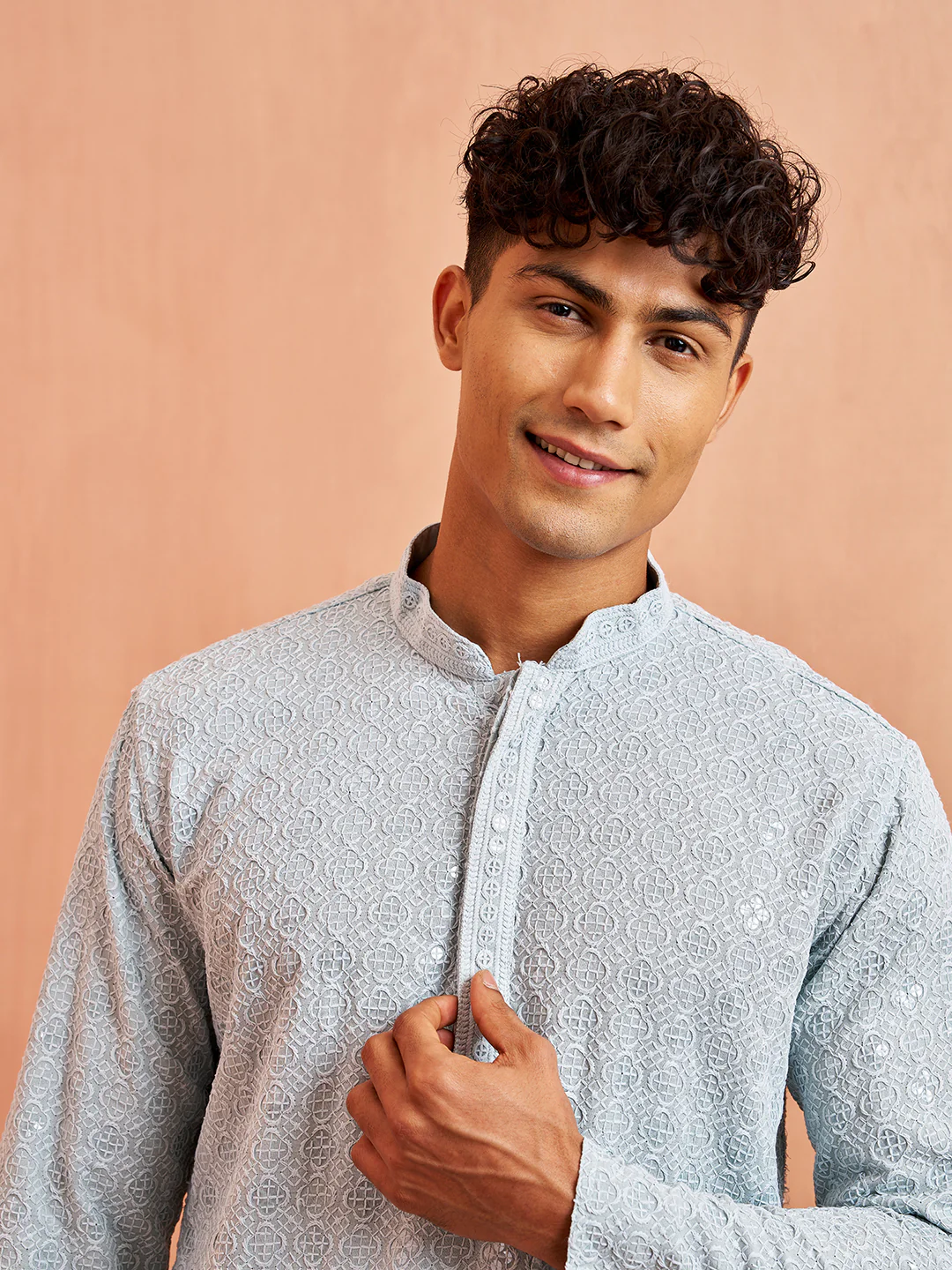Men's Aqua Chikankari Kurta with Cream Pant Set - Image 2