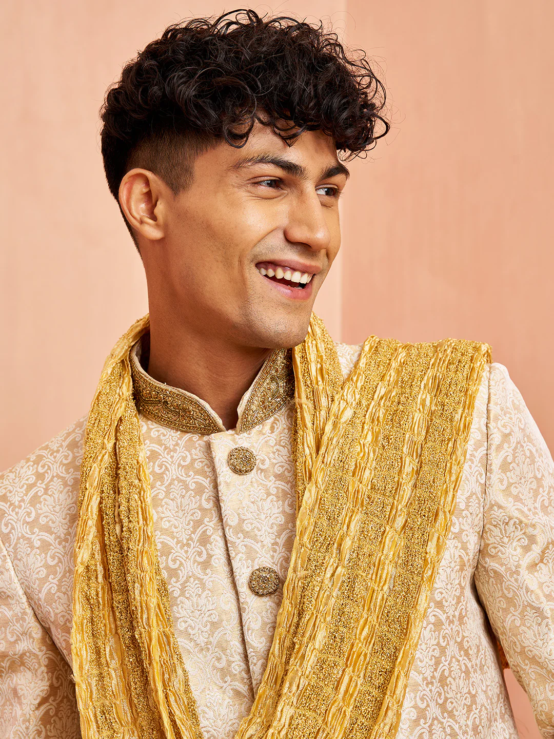 Men's Beige Jacquard Sherwani Pyjama Dupatta Set - Image 2