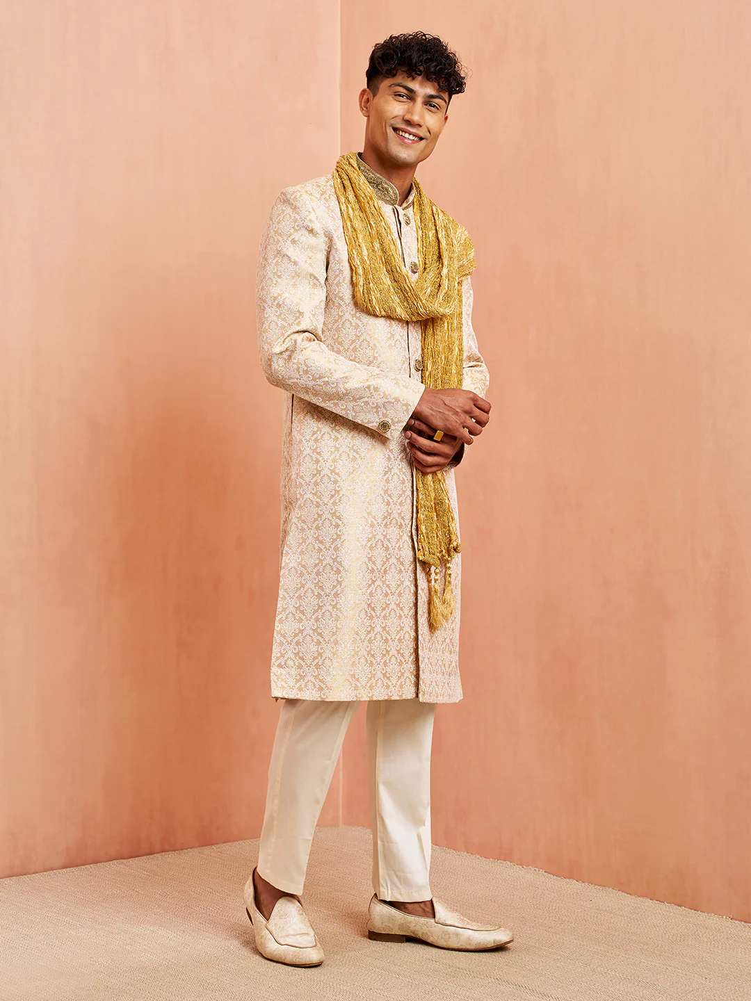 Men's Beige Jacquard Sherwani Pyjama Dupatta Set - Image 4