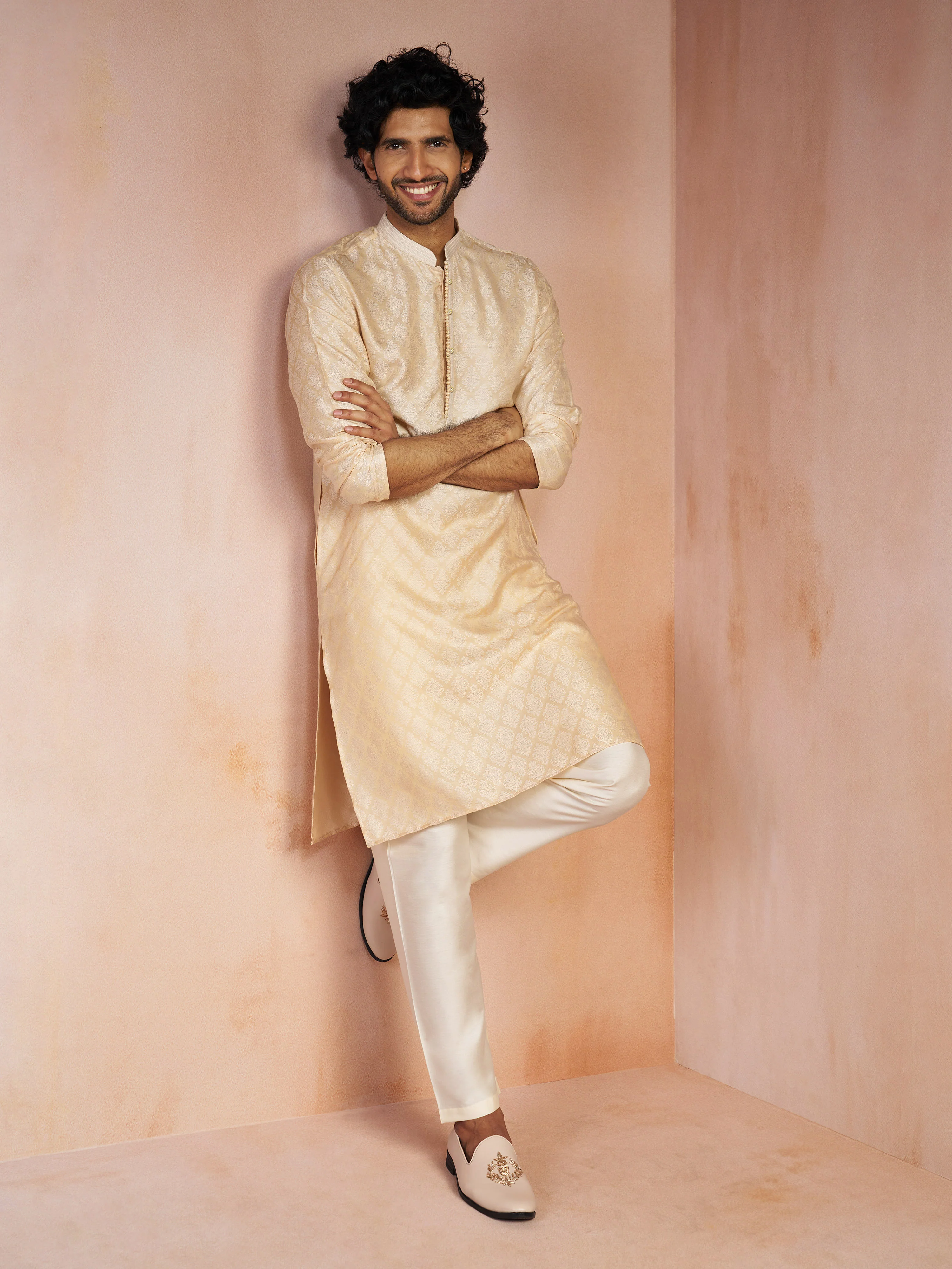 Men's Beige Silk Blend Jacquard Thread Embroidery Long Kurta with Cream Viscose Pyjama Set