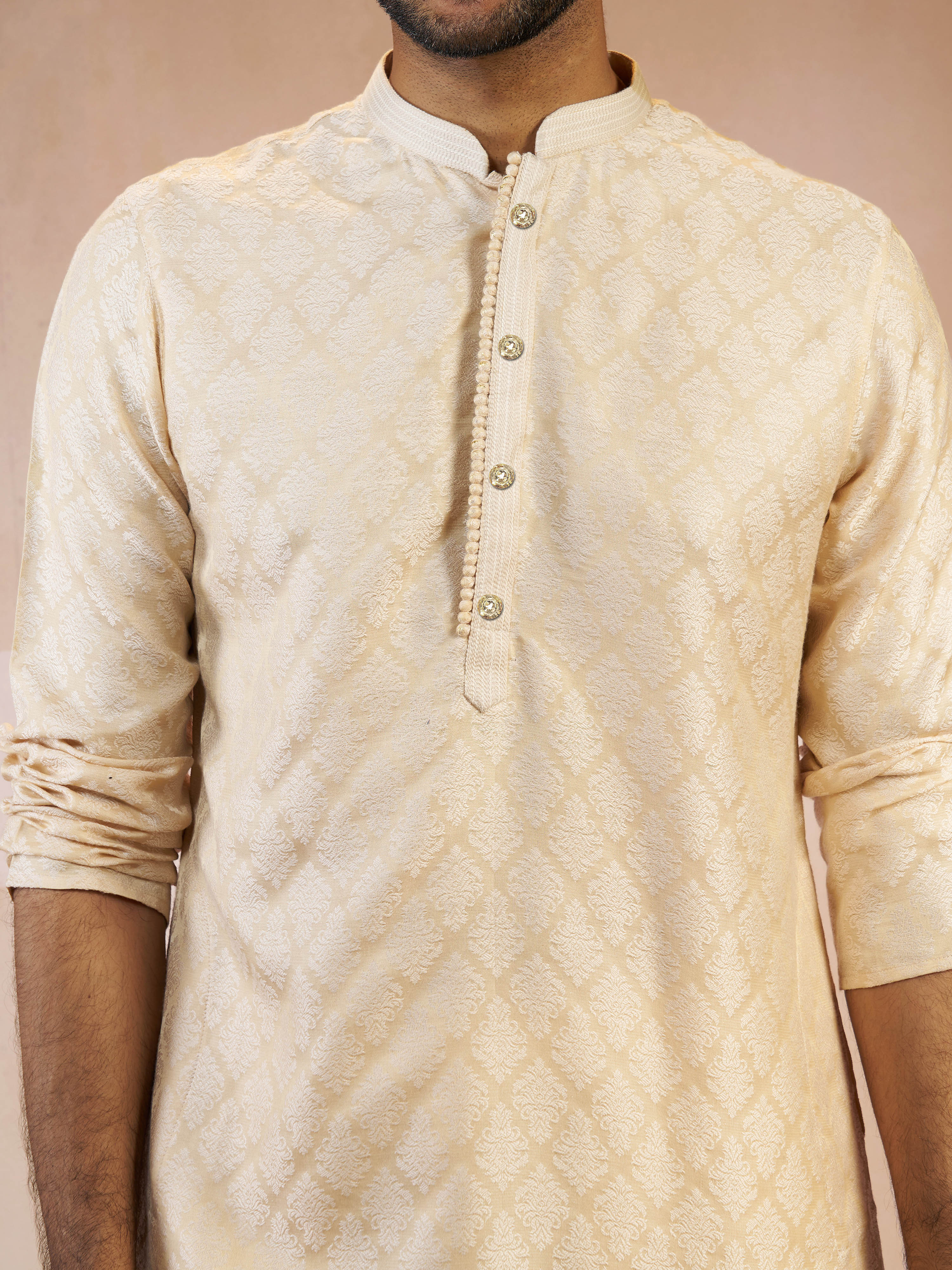 Men's Beige Silk Blend Jacquard Thread Embroidery Long Kurta with Cream Viscose Pyjama Set - Image 2