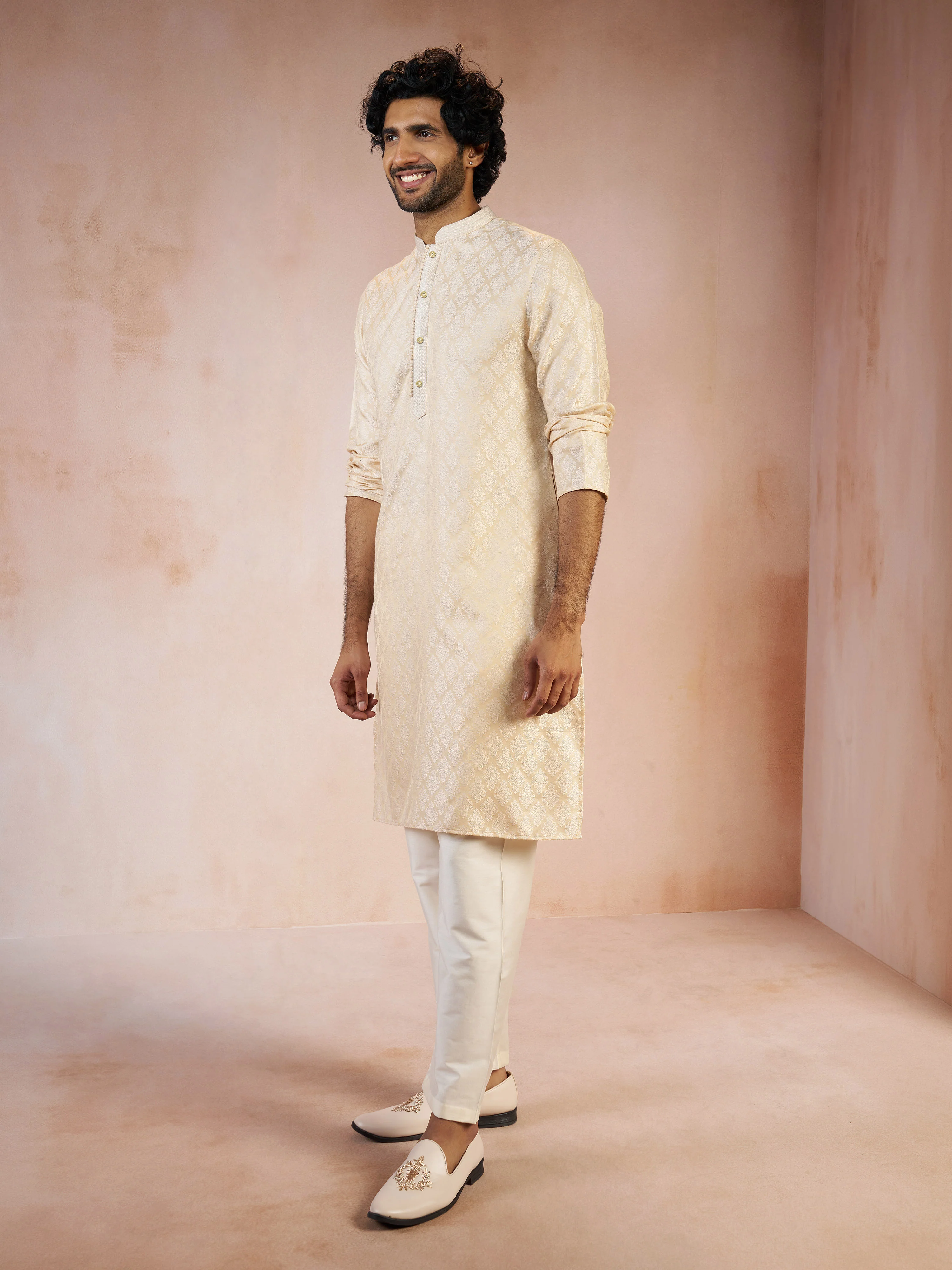Men's Beige Silk Blend Jacquard Thread Embroidery Long Kurta with Cream Viscose Pyjama Set - Image 3