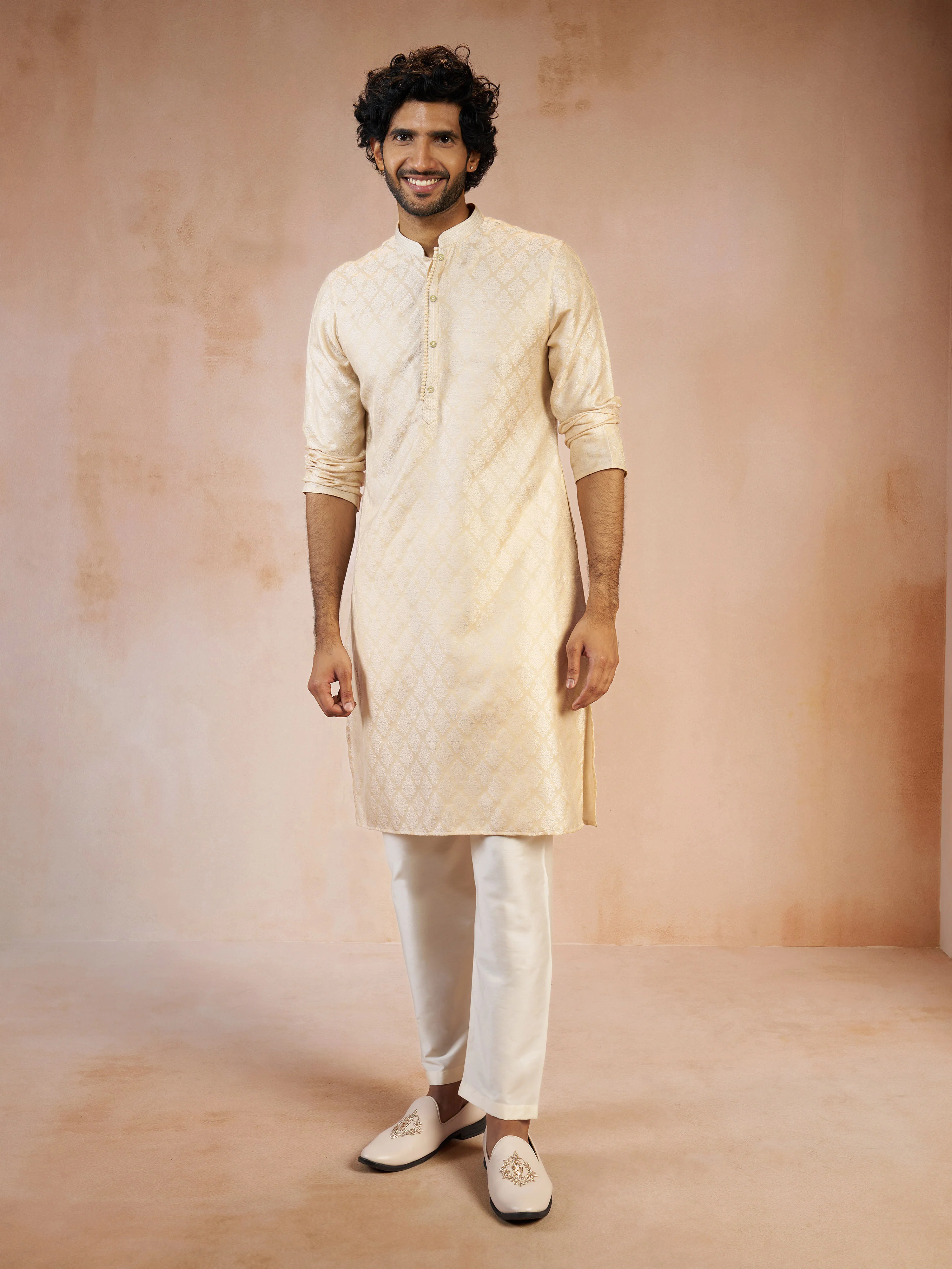 Men's Beige Silk Blend Jacquard Thread Embroidery Long Kurta with Cream Viscose Pyjama Set - Image 4