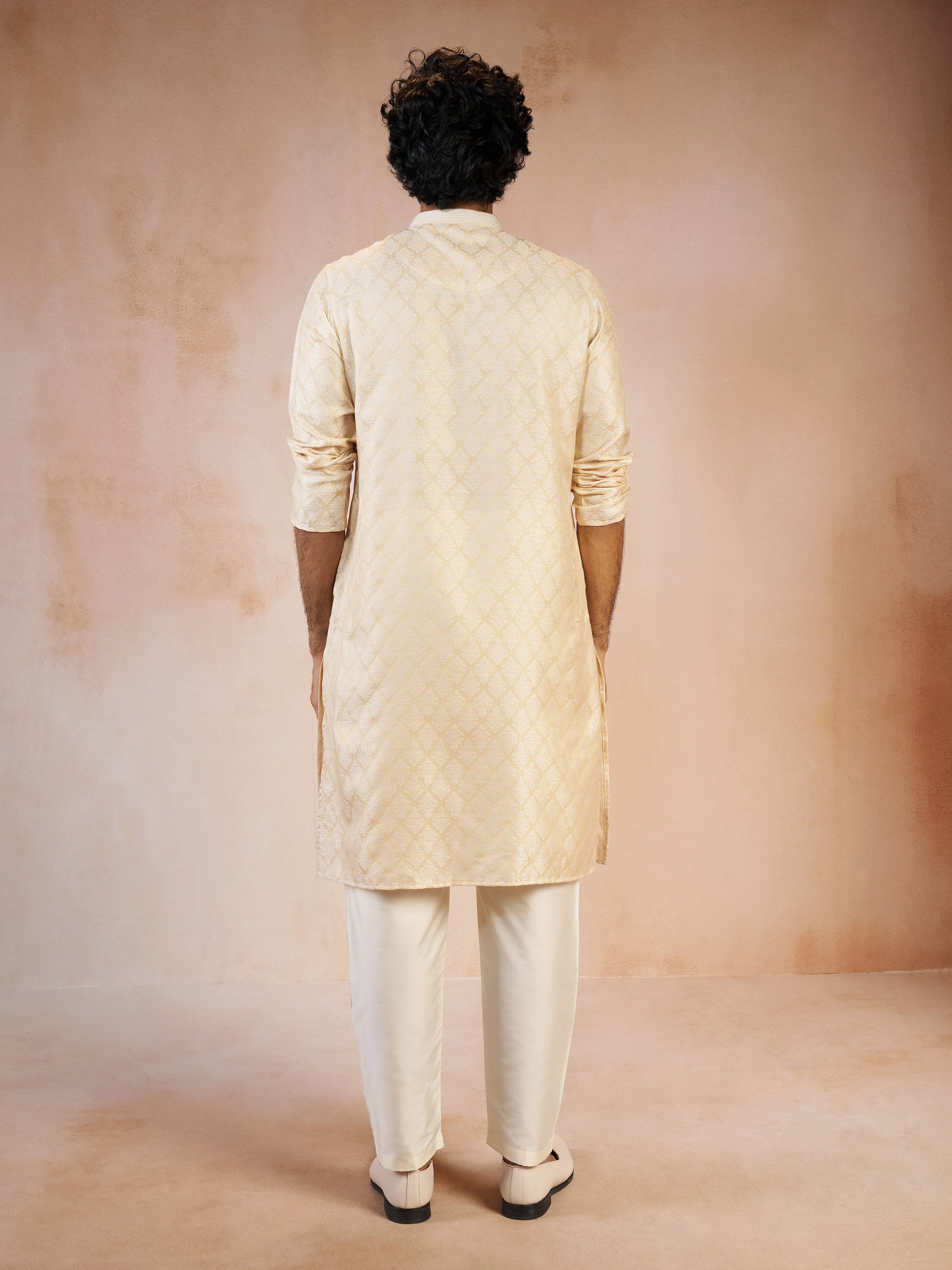 Men's Beige Silk Blend Jacquard Thread Embroidery Long Kurta with Cream Viscose Pyjama Set - Image 5