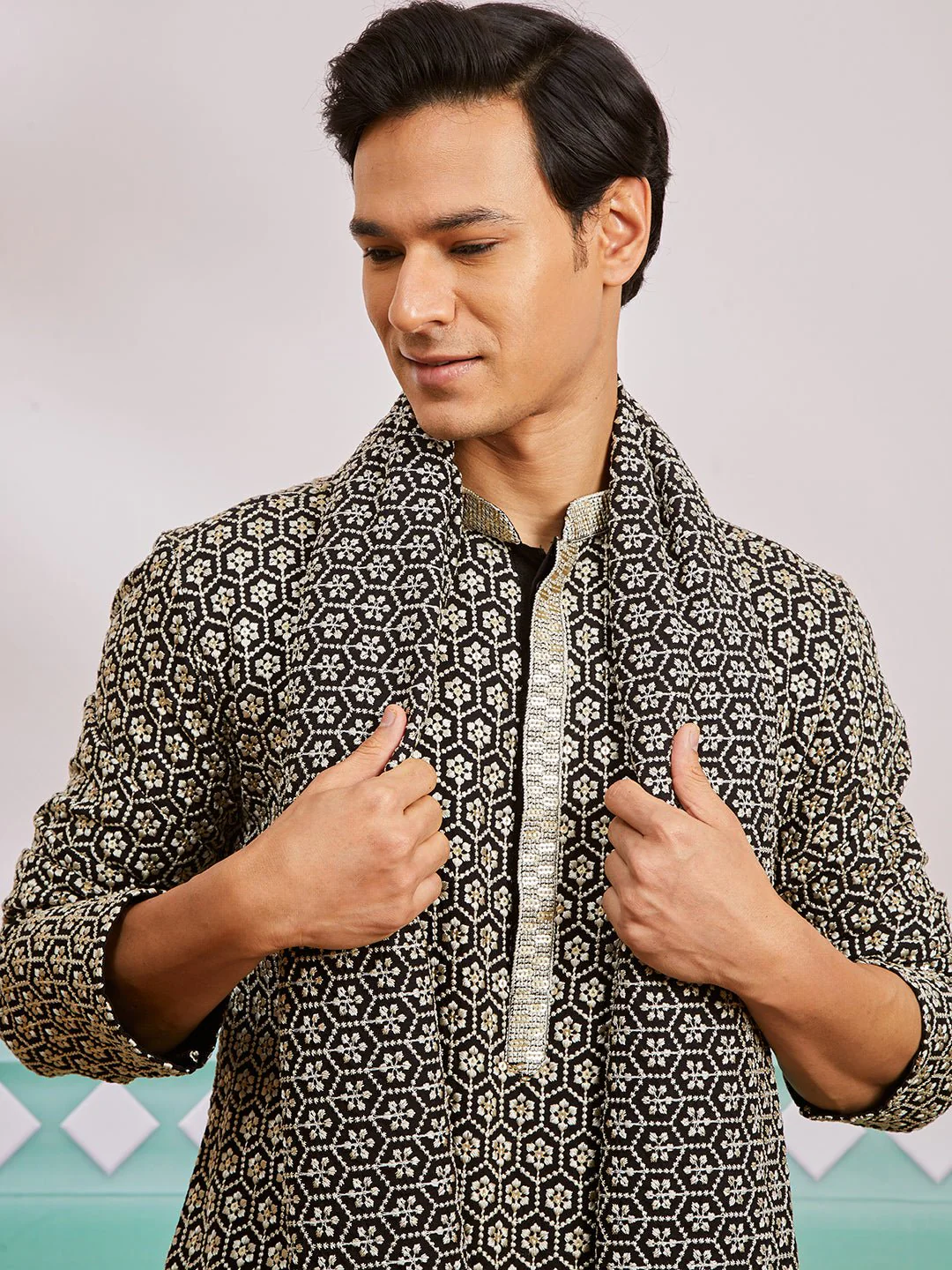 Men's Black Chikankari Embroidered Kurta Set with Fine Satin Pyjama & Embroidered Dupatta - Image 3