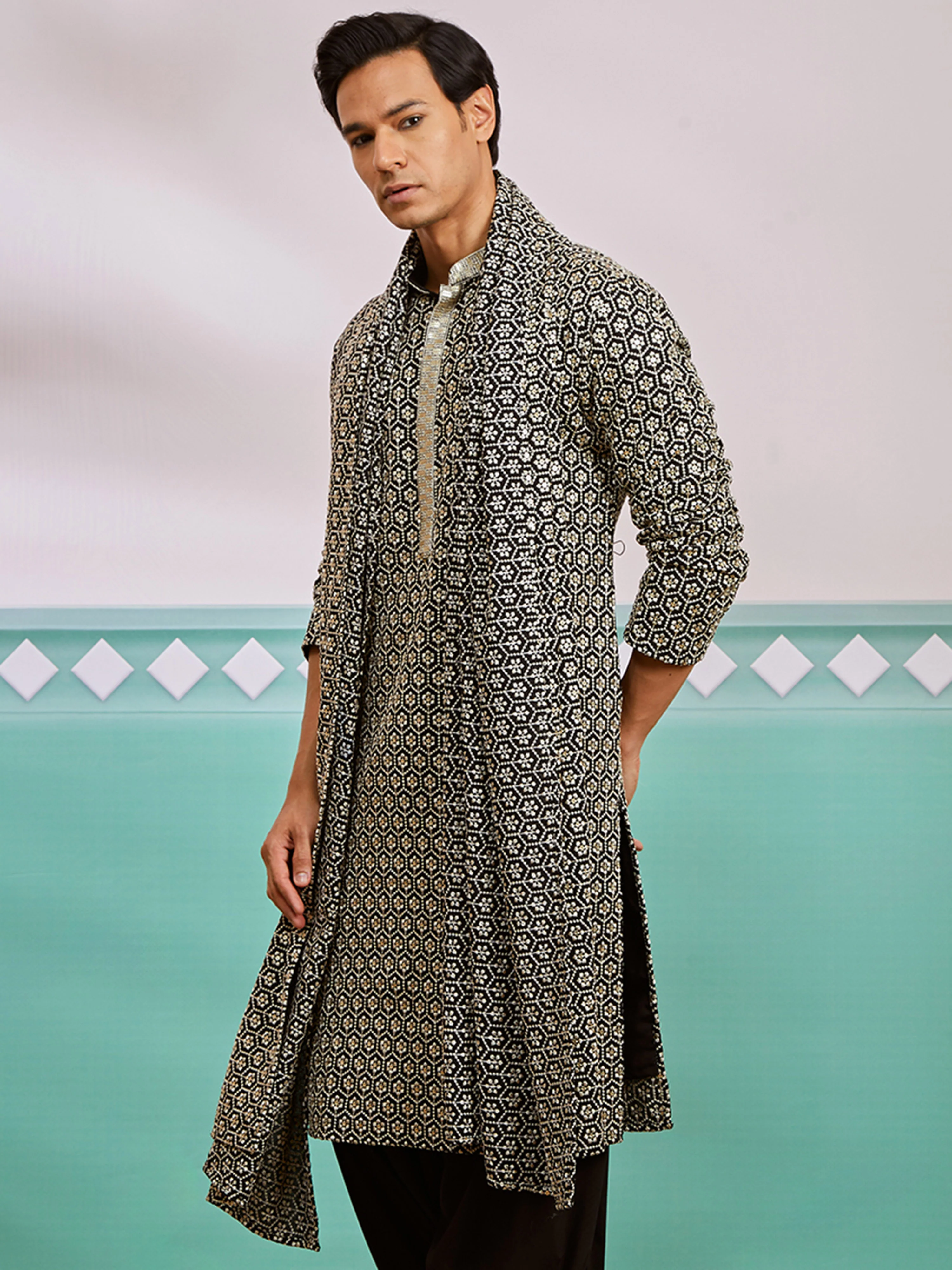Men's Black Chikankari Rayon Kurta with Silk Dupatta Set - Image 4