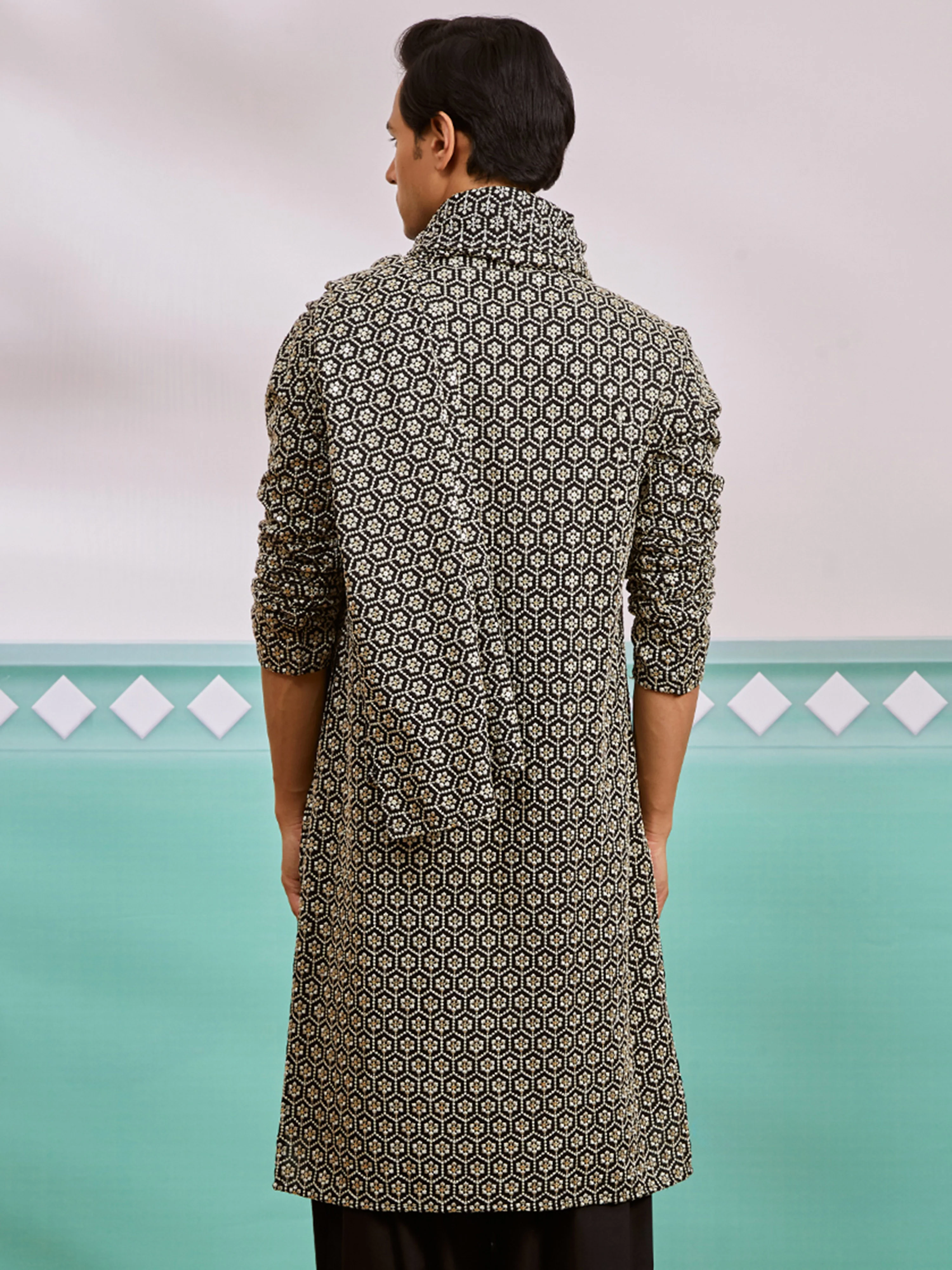 Men's Black Chikankari Rayon Kurta with Silk Dupatta Set - Image 5