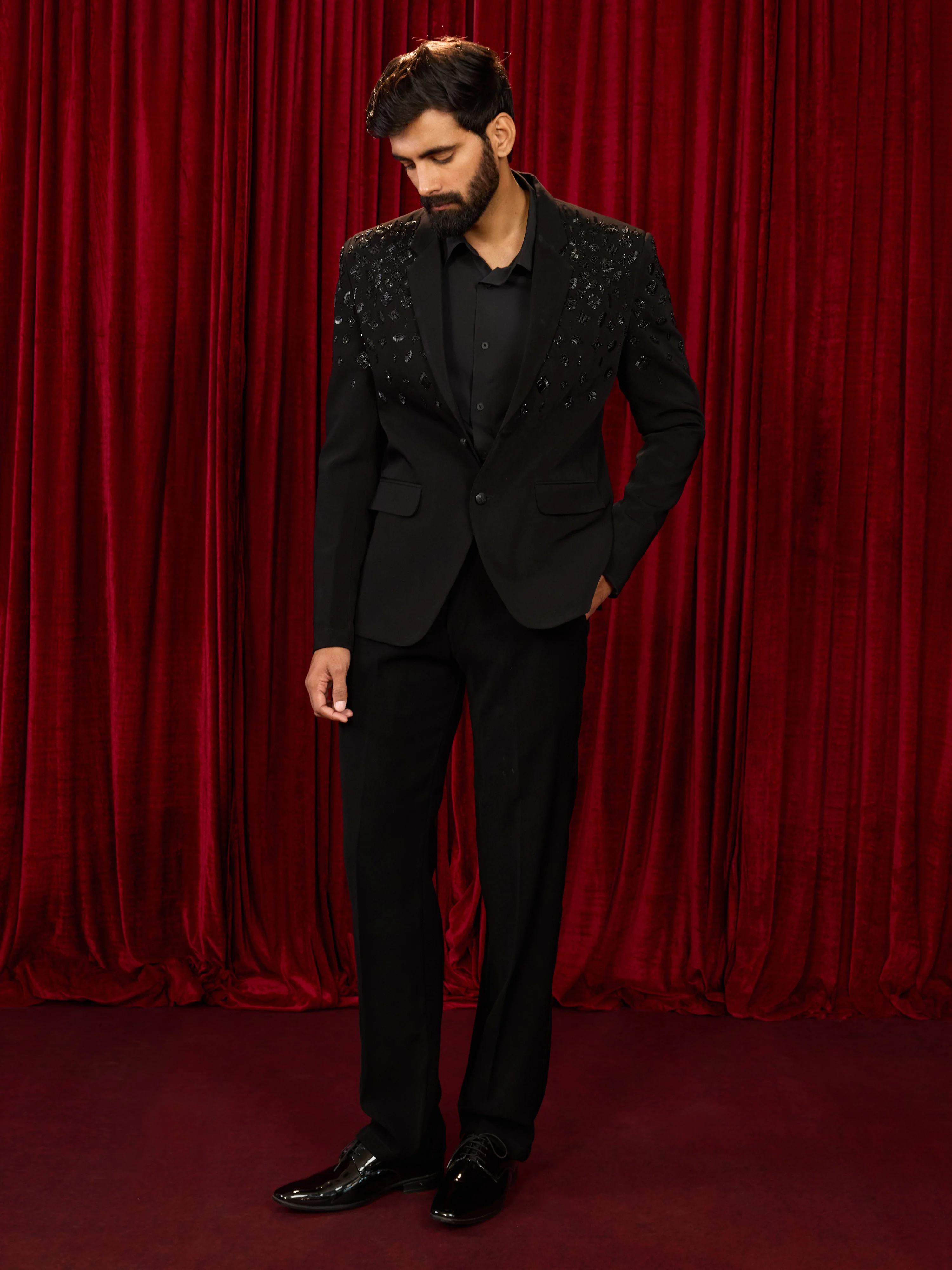 Men's Black Cutdana & Bead Work Blazer & Straight Pant Set - Image 3